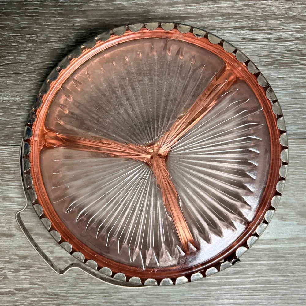 Vintage Pink Depression Glass 3 Part Divided Relish Dish Metal Carrier Handle
